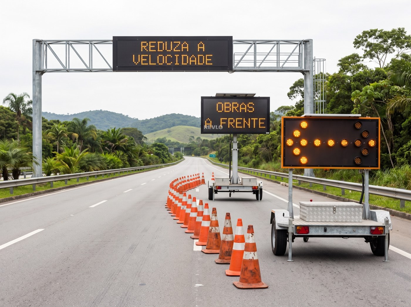 Operação de sinalização com PMV fixo em pórtico, PMV móvel em reboque e painel de seta